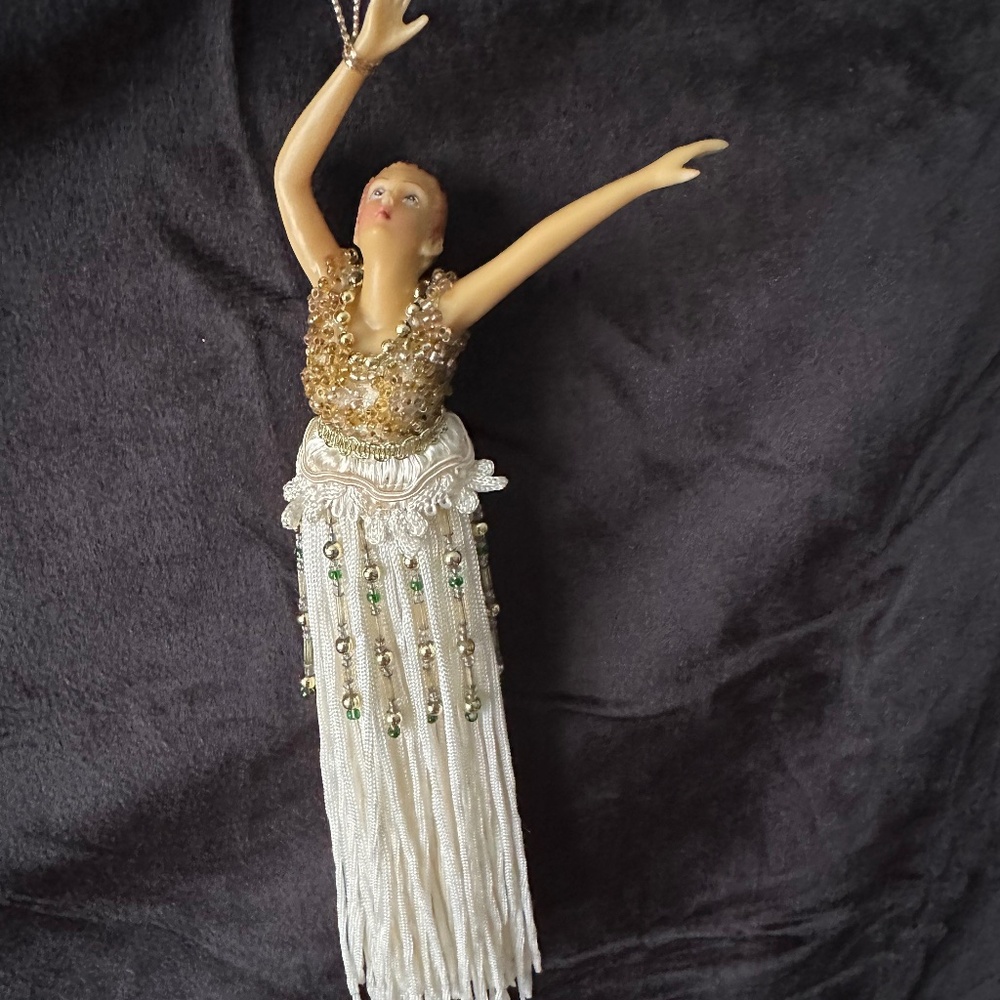 Vintage beaded tassle girl ornament 9” tall